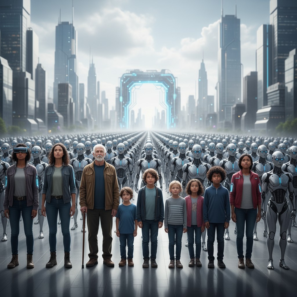 Imagen de fila de personas con muchas filas de robots